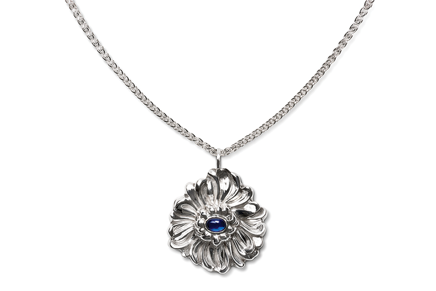 Sterling silver Chrysanthemum Pendant with Sapphire designed by Michael Galmer. Photography by Zephyr Ivanisi and Oliver Ivanisi of [ZeO] Productions.