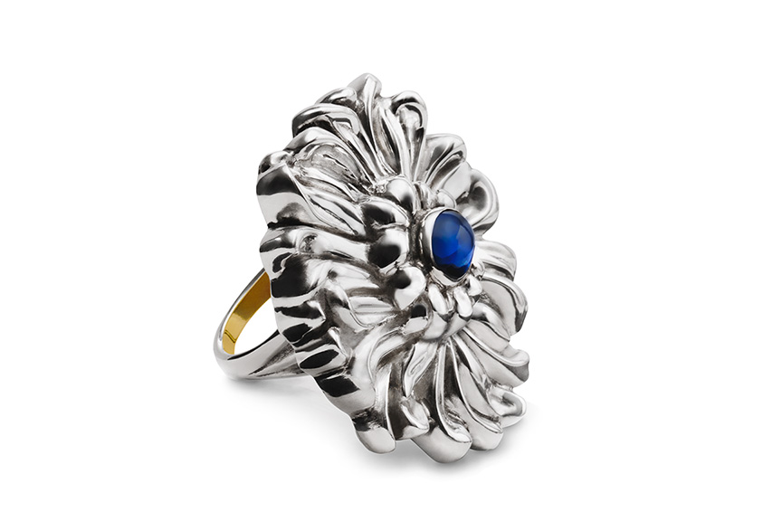 Sterling silver Sapphire Chrysanthemum Ring designed by Michael Galmer. Photography by Zephyr Ivanisi and Oliver Ivanisi of [ZeO] Productions.
