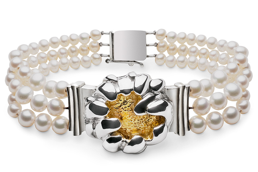 Sterling silver Peony Pearl Bracelet designed by Michael Galmer. Photography by Zephyr Ivanisi and Oliver Ivanisi of [ZeO] Productions.
