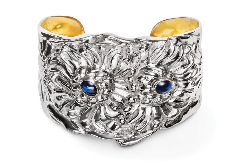 Sterling silver Chrysanthemum Cuff with Sapphire Stones designed by Michael Galmer. Photography by Zephyr Ivanisi and Oliver Ivanisi of [ZeO] Productions.