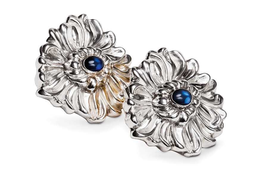 Sterling silver Chrysanthemum Earrings with Sapphire designed by Michael Galmer. Photography by Zephyr Ivanisi and Oliver Ivanisi of [ZeO] Productions.